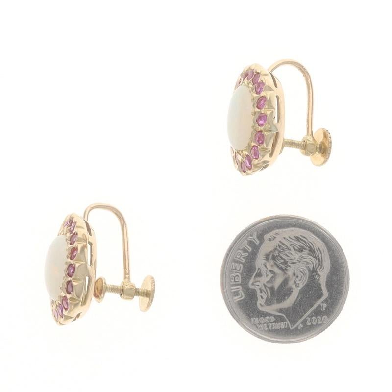 Round Cut Yellow Gold Opal & Ruby Halo Stud Earrings - 14k Cab 3.08ctw Floral Non-Pierced For Sale