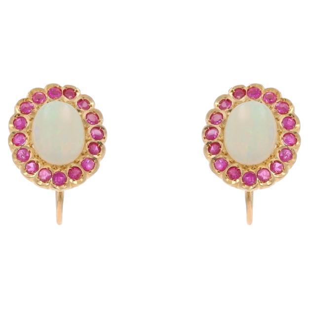 Yellow Gold Opal & Ruby Halo Stud Earrings - 14k Cab 3.08ctw Floral Non-Pierced For Sale