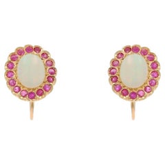 Yellow Gold Opal & Ruby Halo Stud Earrings - 14k Cab 3.08ctw Floral Non-Pierced