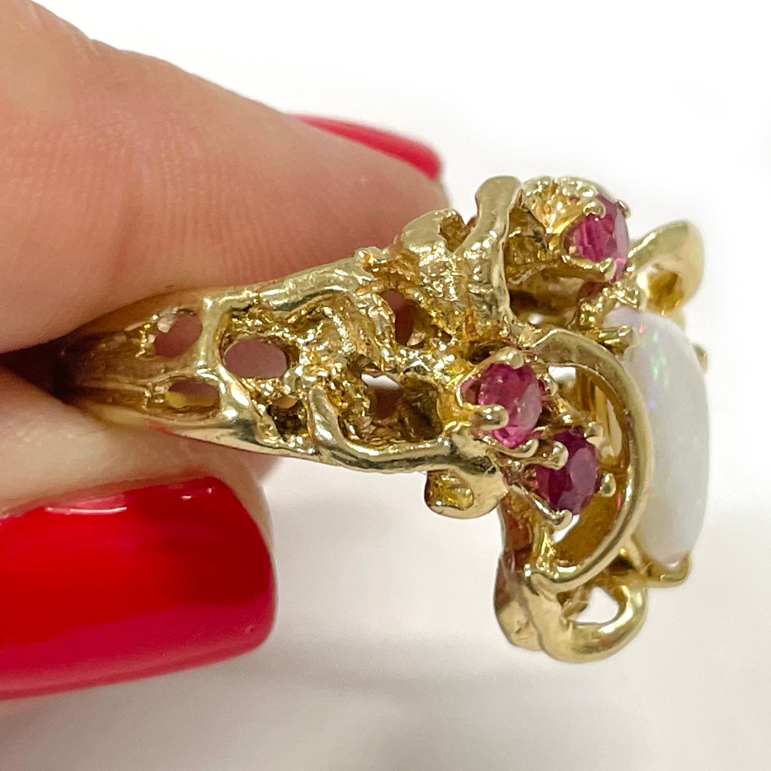 Retro Yellow Gold Opal Ruby Ring For Sale