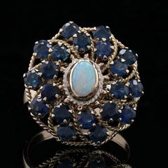 Yellow Gold Opal & Sapphire Flower Halo Ring, 10k Oval Cabochon Cut 3.25ctw