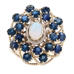 Vintage Yellow Gold Opal & Sapphire Flower Halo Ring, 10k Oval Cabochon Cut 3.25ctw