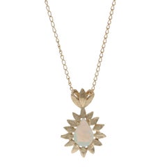 Yellow Gold Opal Solitaire Necklace 18 1/2" - 14k Pear Cabochon .37ctw Floral