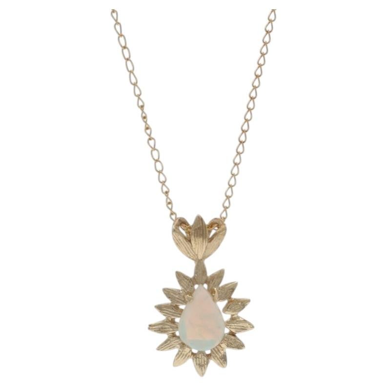 Yellow Gold Opal Solitaire Necklace 18 1/2" - 14k Pear Cabochon .37ctw Floral