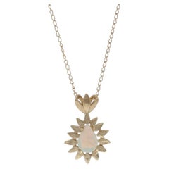 Yellow Gold Opal Solitaire Necklace 18 1/2" - 14k Pear Cabochon .37ctw Floral