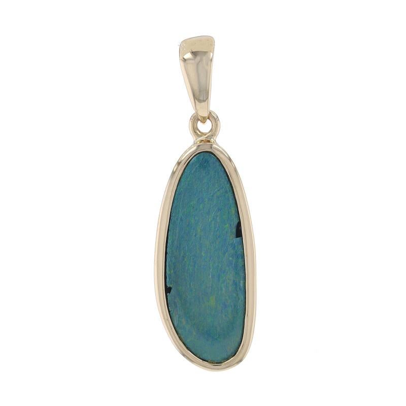 Metal Content: 14k Yellow Gold

Stone Information

Genuine Opal 
Cut: Doublet 
Stone Note: Australian

Style: Solitaire

Measurements

Tall (from stationary bail): 29/32