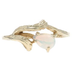 Yellow Gold Opal Solitaire Ring - 14k Pear Cabochon .22ct Leaves