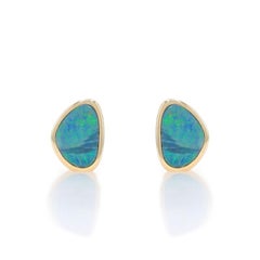 Yellow Gold Opal Stud Earrings - 14k Doublet Bezel Set Pierced