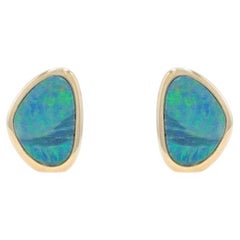 Yellow Gold Opal Stud Earrings - 14k Doublet Bezel Set Pierced
