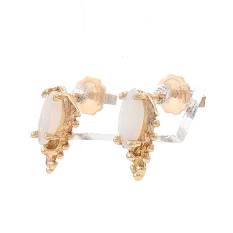 Marquise Cut Yellow Gold Opal Stud Earrings - 14k Marquise Cabochon .70ctw Pierced For Sale