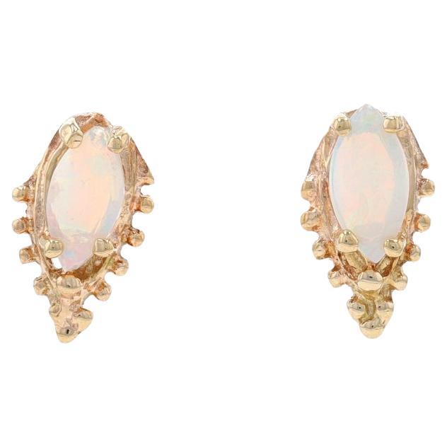 Yellow Gold Opal Stud Earrings - 14k Marquise Cabochon .70ctw Pierced For Sale