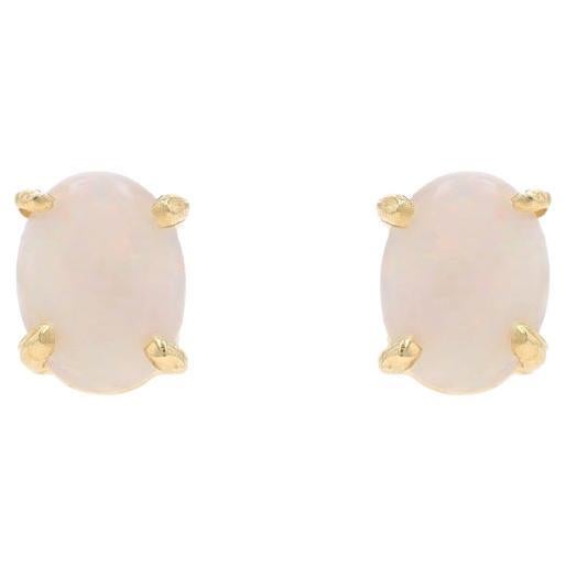 Yellow Gold Opal Stud Earrings - 14k Oval Cabochon 1.56ctw Pierced Screw-Ons For Sale