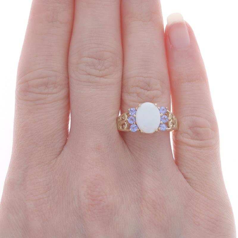 Oval Cut Yellow Gold Opal & Tanzanite Ring - 10k Oval Cabochon 1.45ctw For Sale