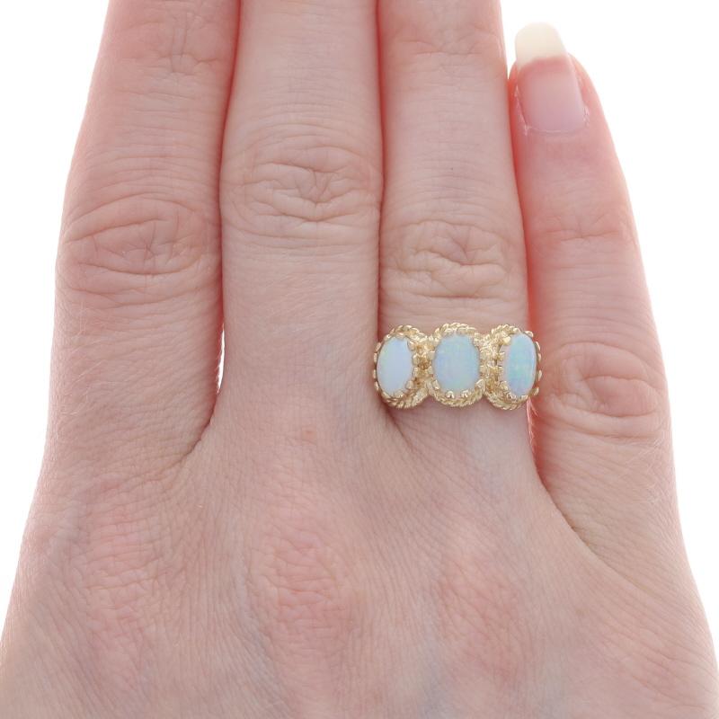 Oval Cut Yellow Gold Opal Three-Stone Ring - 14k Oval Cabochon .96ctw For Sale