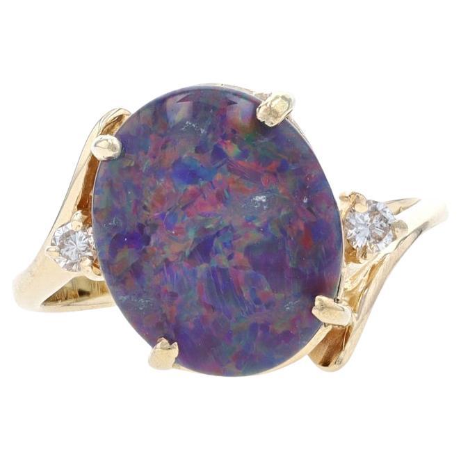 Yellow Gold Opal Triplet & Diamond Bypass Ring - 14k Oval Cabochon