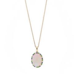 Yellow Gold Opal Tsavorite Garnet Sapphire Halo Necklace 14k Oval 4.47ctw Adjust