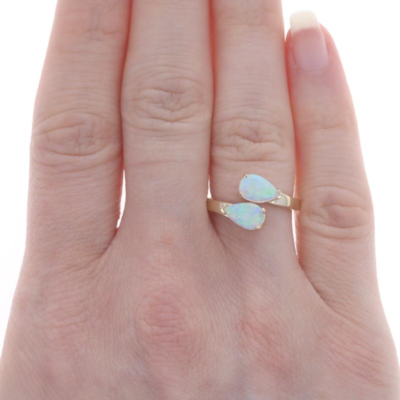 Pear Cut Yellow Gold Opal Two-Stone Bypass Ring - 14k Pear Cabochon .42ctw