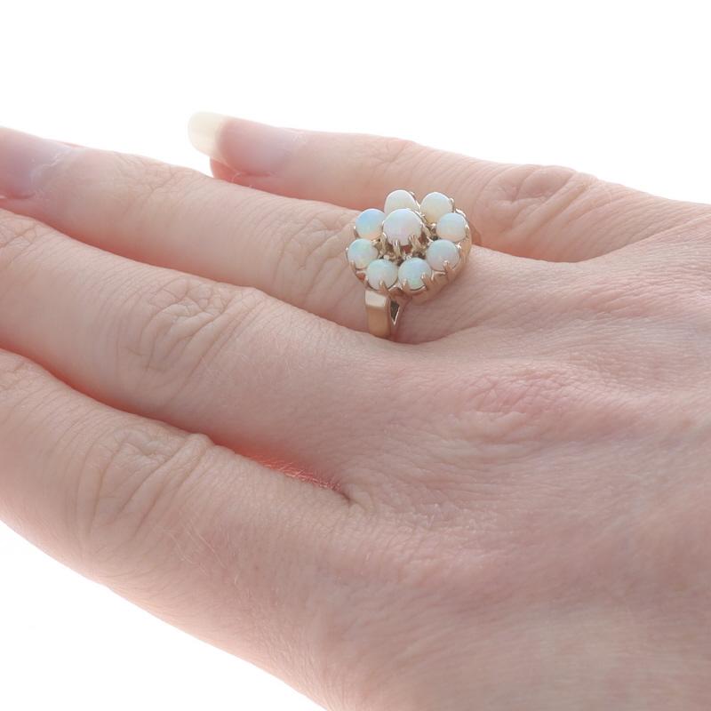 Yellow Gold Opal Vintage Cluster Halo Cocktail Ring - 10k Round Cabochon Flower In Good Condition For Sale In Greensboro, NC