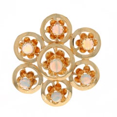 Yellow Gold Opal Vintage Flower Brooch - 14k Round Cabochon .91ctw Cluster Pin