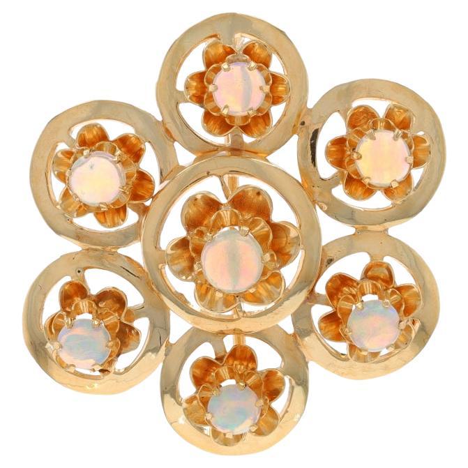 Yellow Gold Opal Vintage Flower Brooch - 14k Round Cabochon .91ctw Cluster Pin