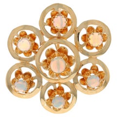 Gelbgold Opal Vintage Blumenbrosche - 14k runder Cabochon .91ctw Cluster-Anstecknadel