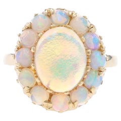 Yellow Gold Opal Vintage Halo Ring - 14k Oval Cabochon & Round Cabochon 1.65ctw