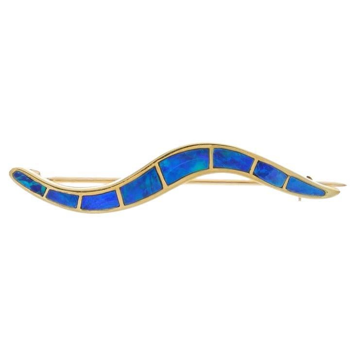 Yellow Gold Opal Wavy Line Brooch - 18k Inlay Pin