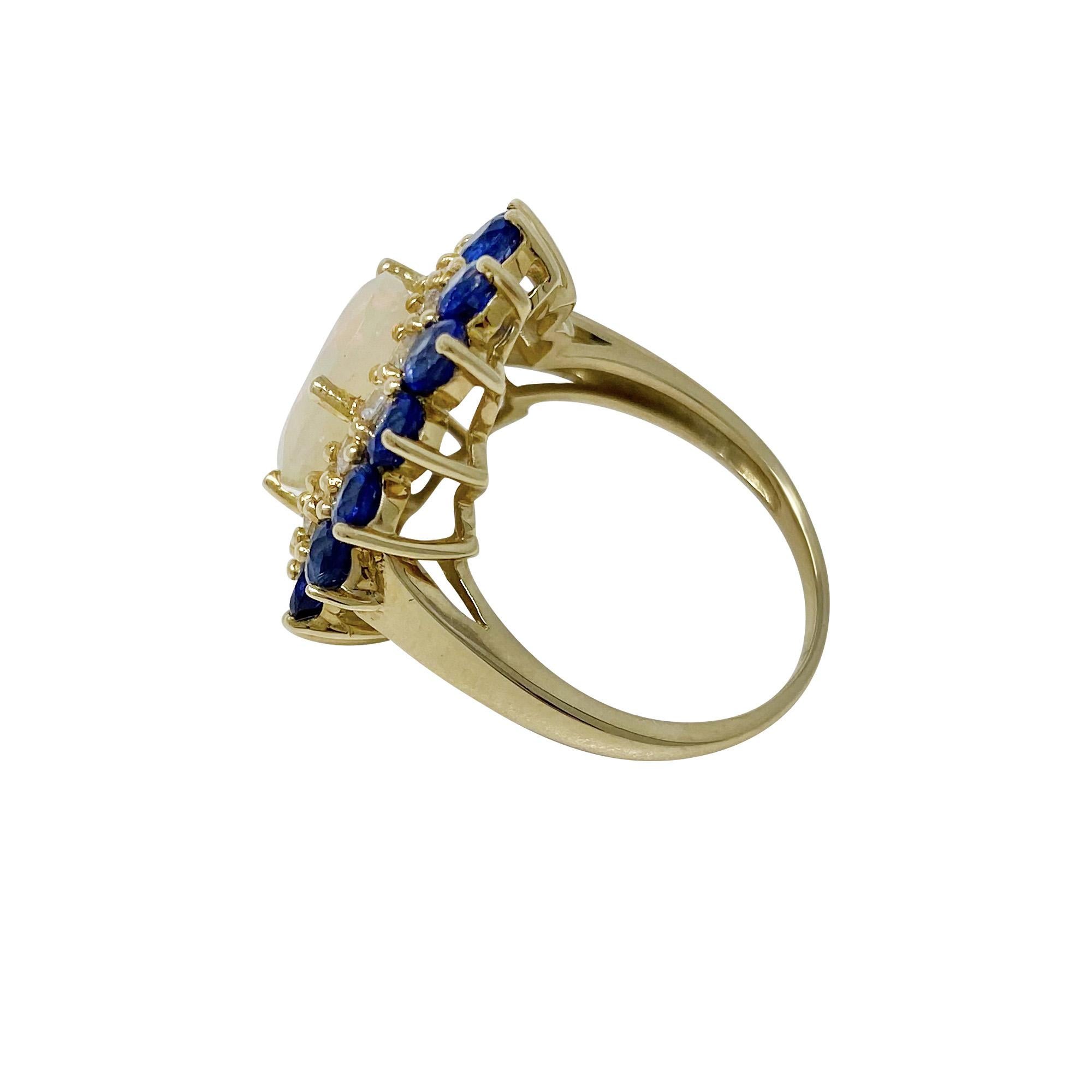 Cabochon Yellow Gold Opal White Sapphire and Kyanite Ring