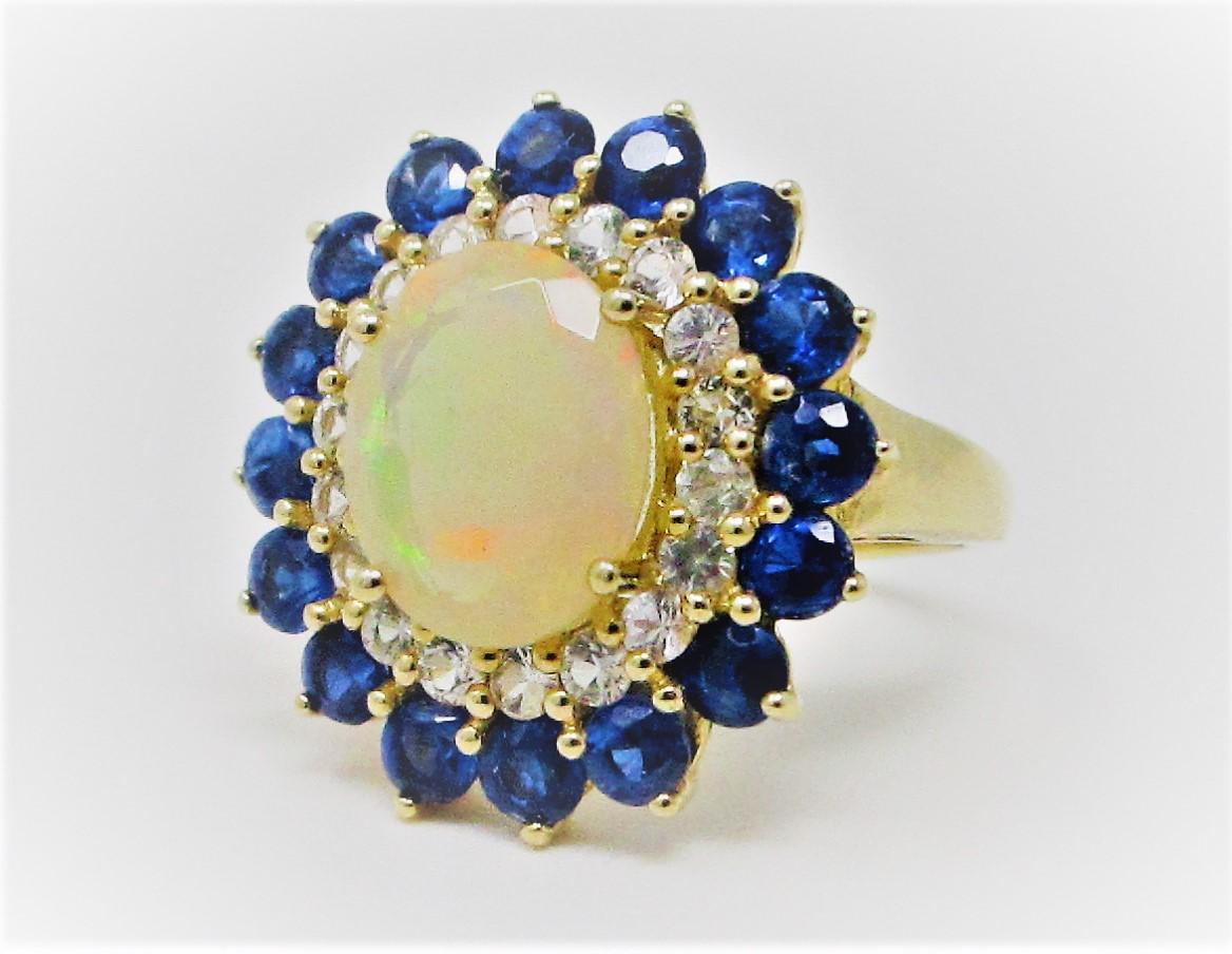 Women's or Men's Yellow Gold Opal White Sapphire and Kyanite Ring
