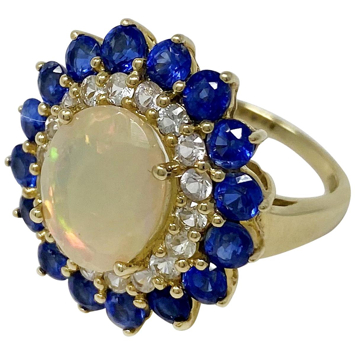 Yellow Gold Opal White Sapphire and Kyanite Ring