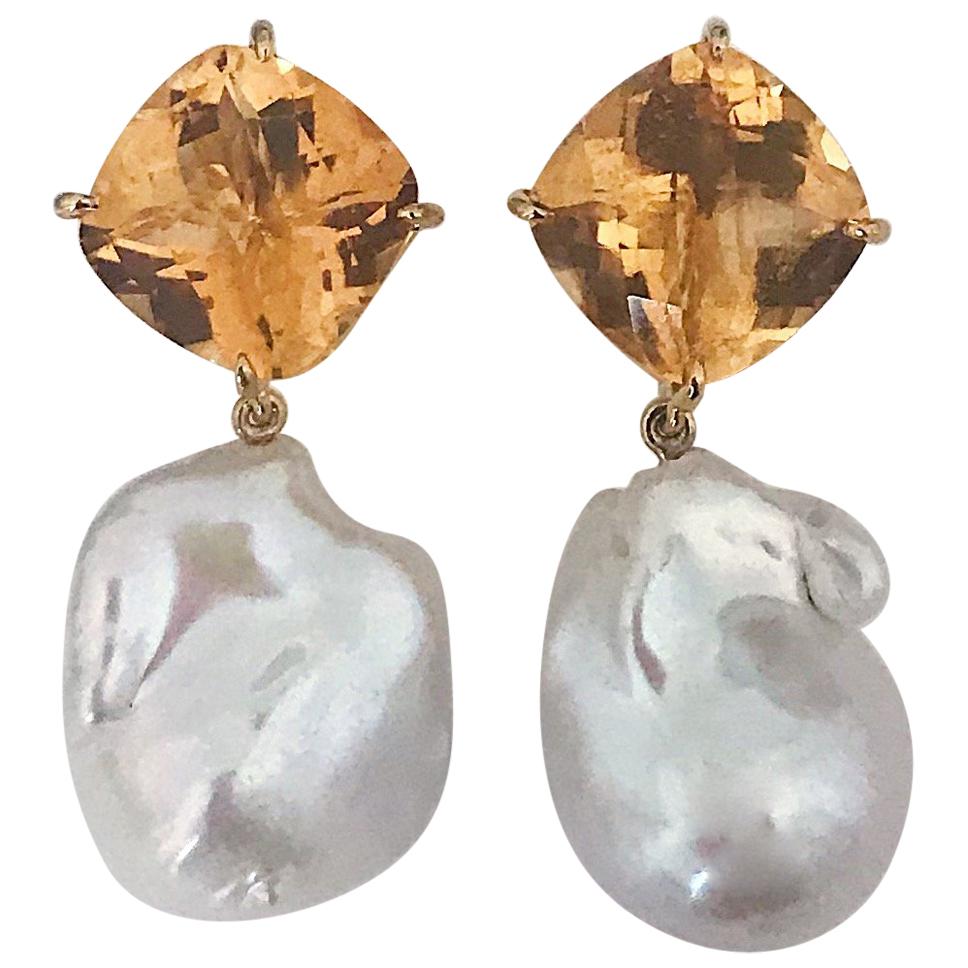 Yellow Gold Orange Citrine Stud with Baroque Pearl Drop Earring For Sale