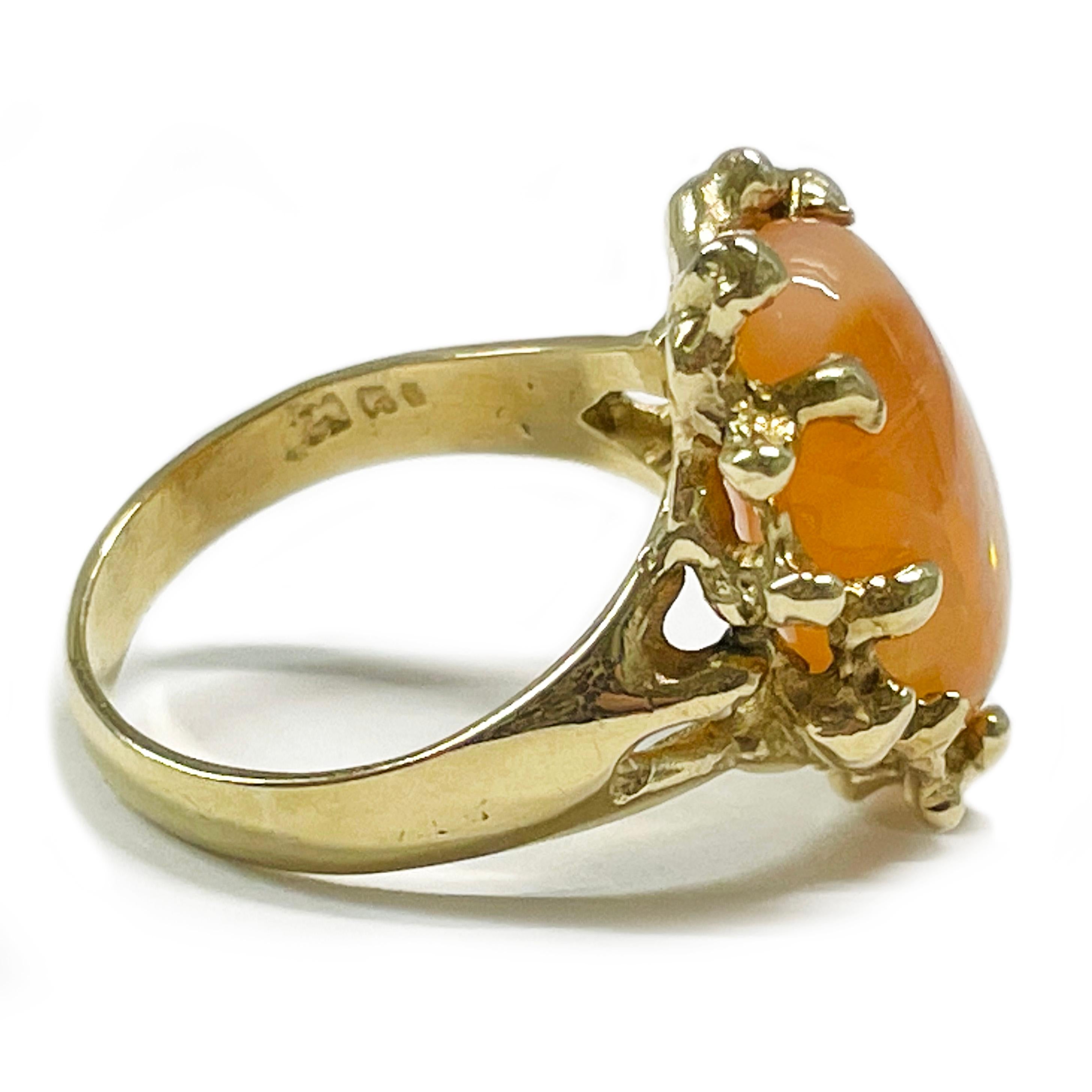 Retro Yellow Gold Orange Mexican Opal Ring For Sale