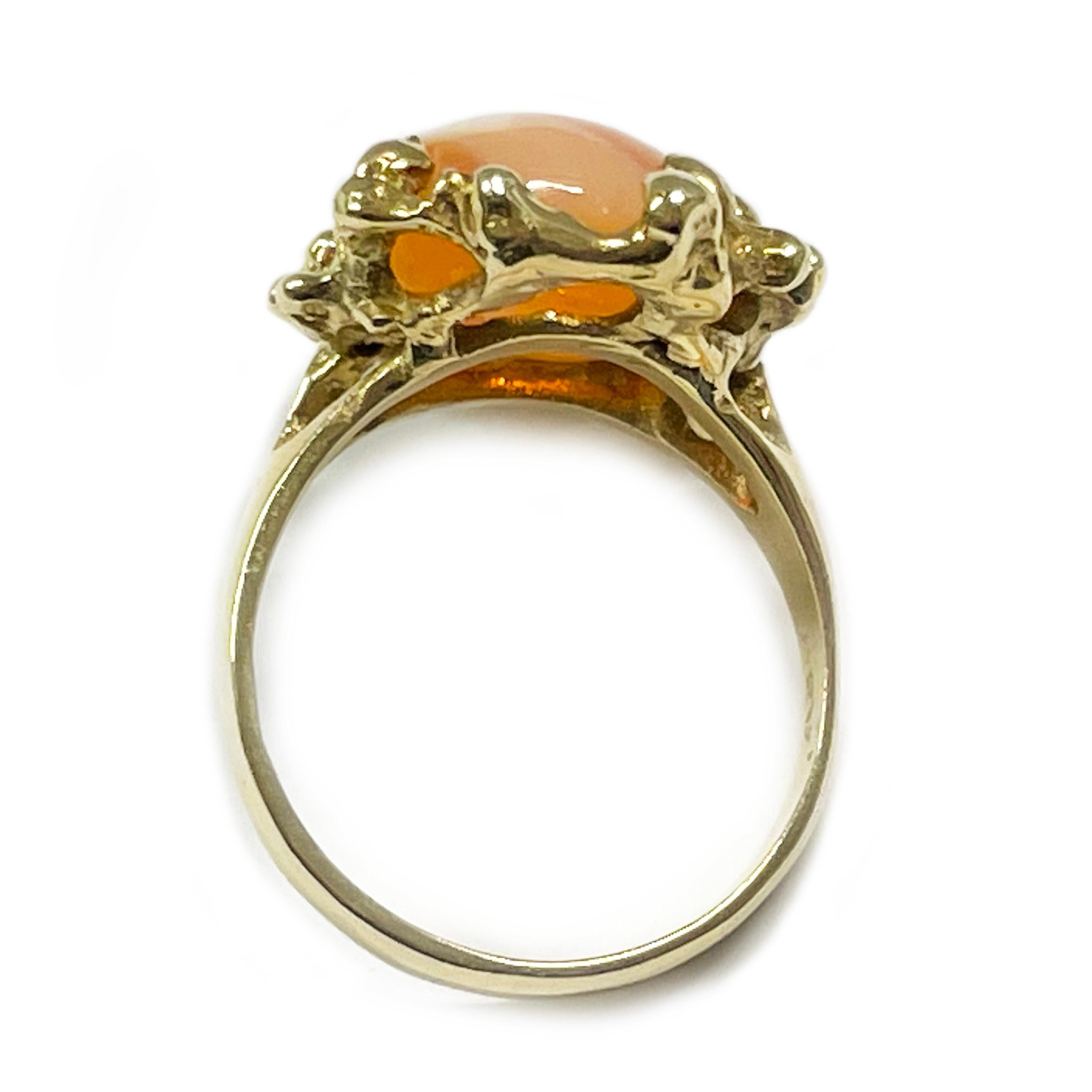 Cabochon Yellow Gold Orange Mexican Opal Ring For Sale