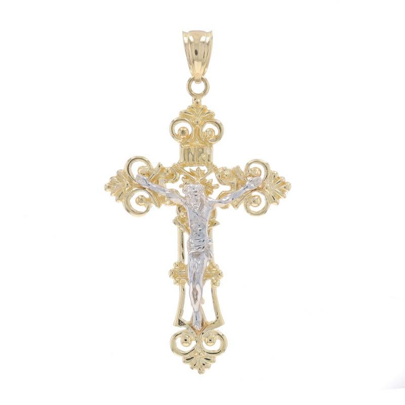 Metal Content: 14k Yellow Gold & 14k White Gold

Theme: Ornate Crucifix, Faith
Features: Open Cut Design

Measurements

Tall (from stationary bail): 2