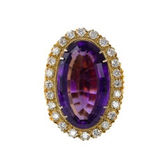 Yellow Gold Oval Amethyst and Diamond Scalloped Halo Statement Ring