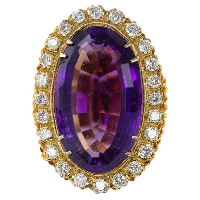 Yellow Gold Oval Amethyst and Diamond Scalloped Halo Statement Ring