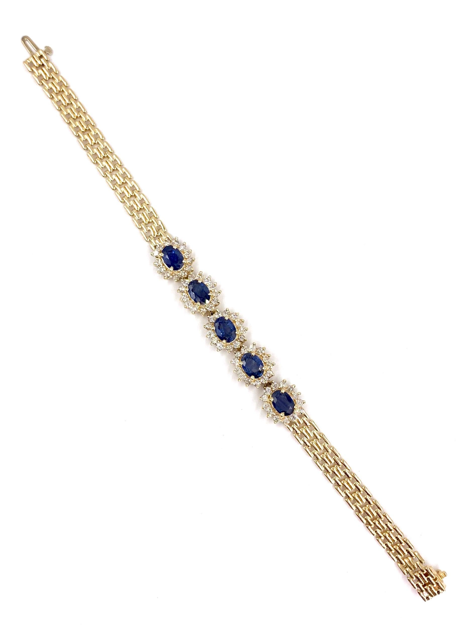 Oval Cut Yellow Gold Oval Blue Sapphire and Diamond Bracelet For Sale