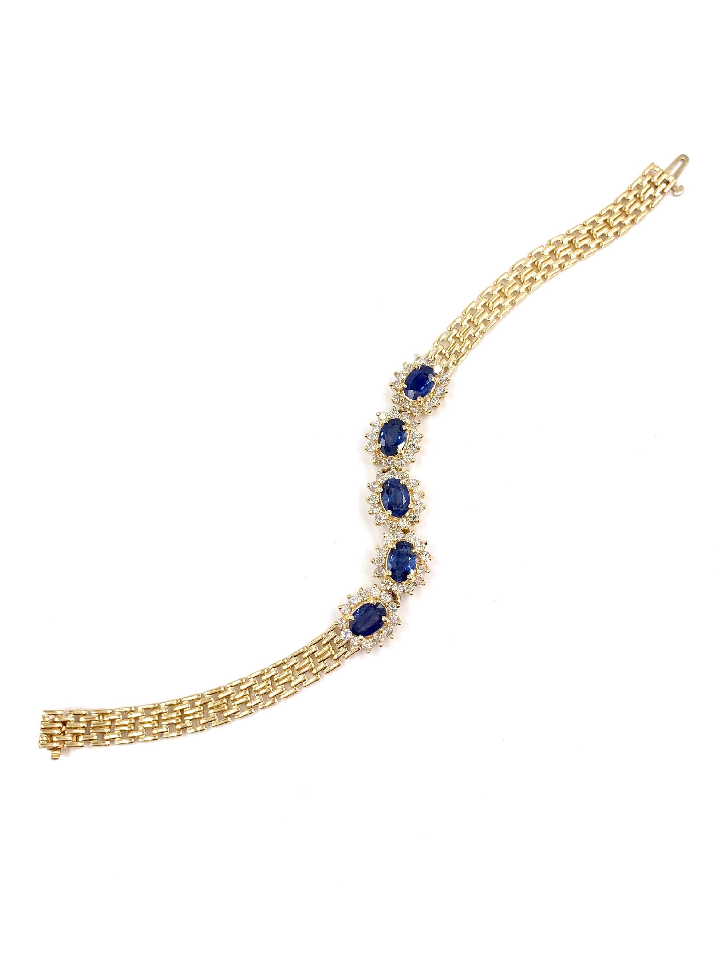 Women's Yellow Gold Oval Blue Sapphire and Diamond Bracelet For Sale