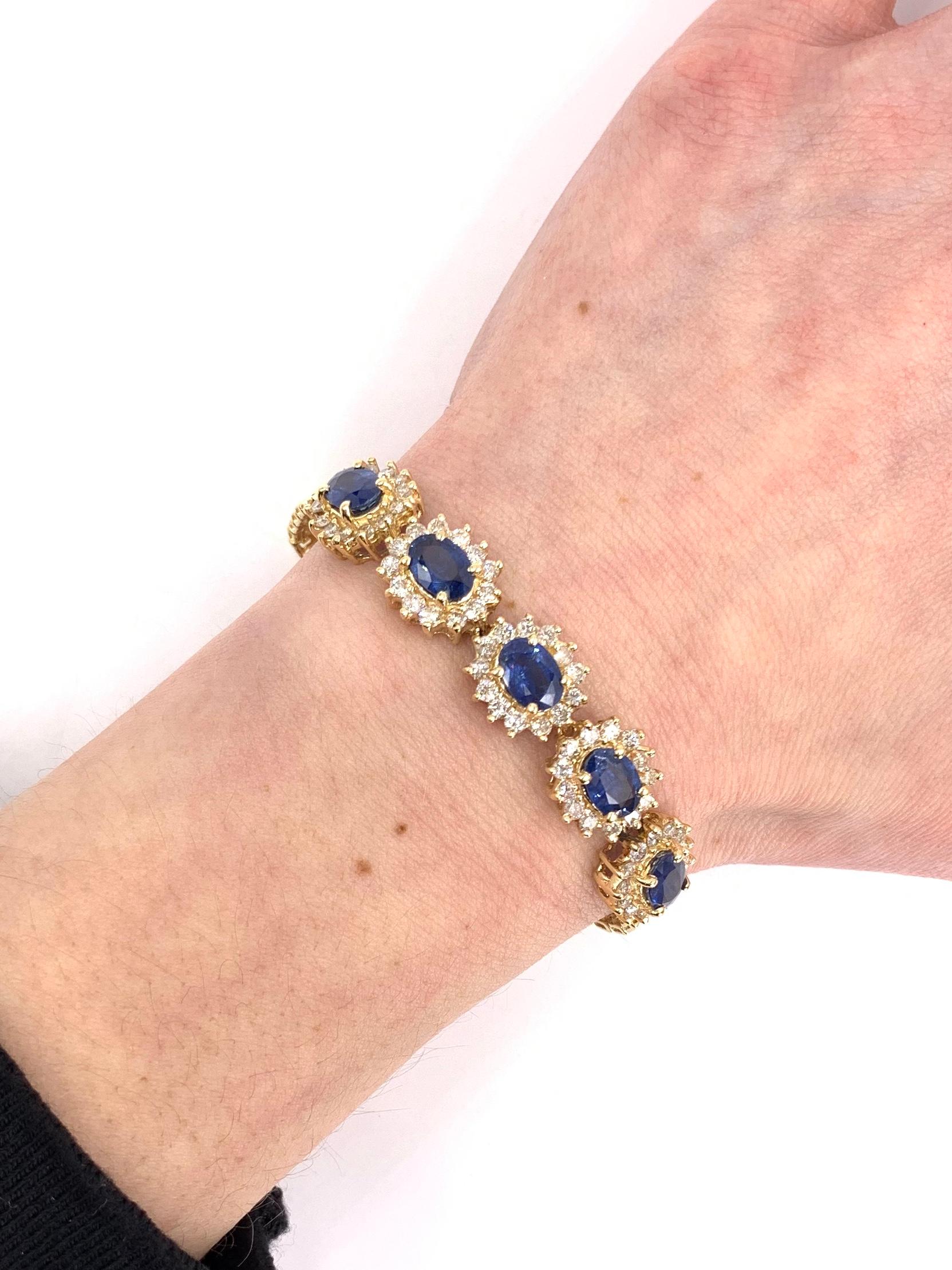 Yellow Gold Oval Blue Sapphire and Diamond Bracelet For Sale 1