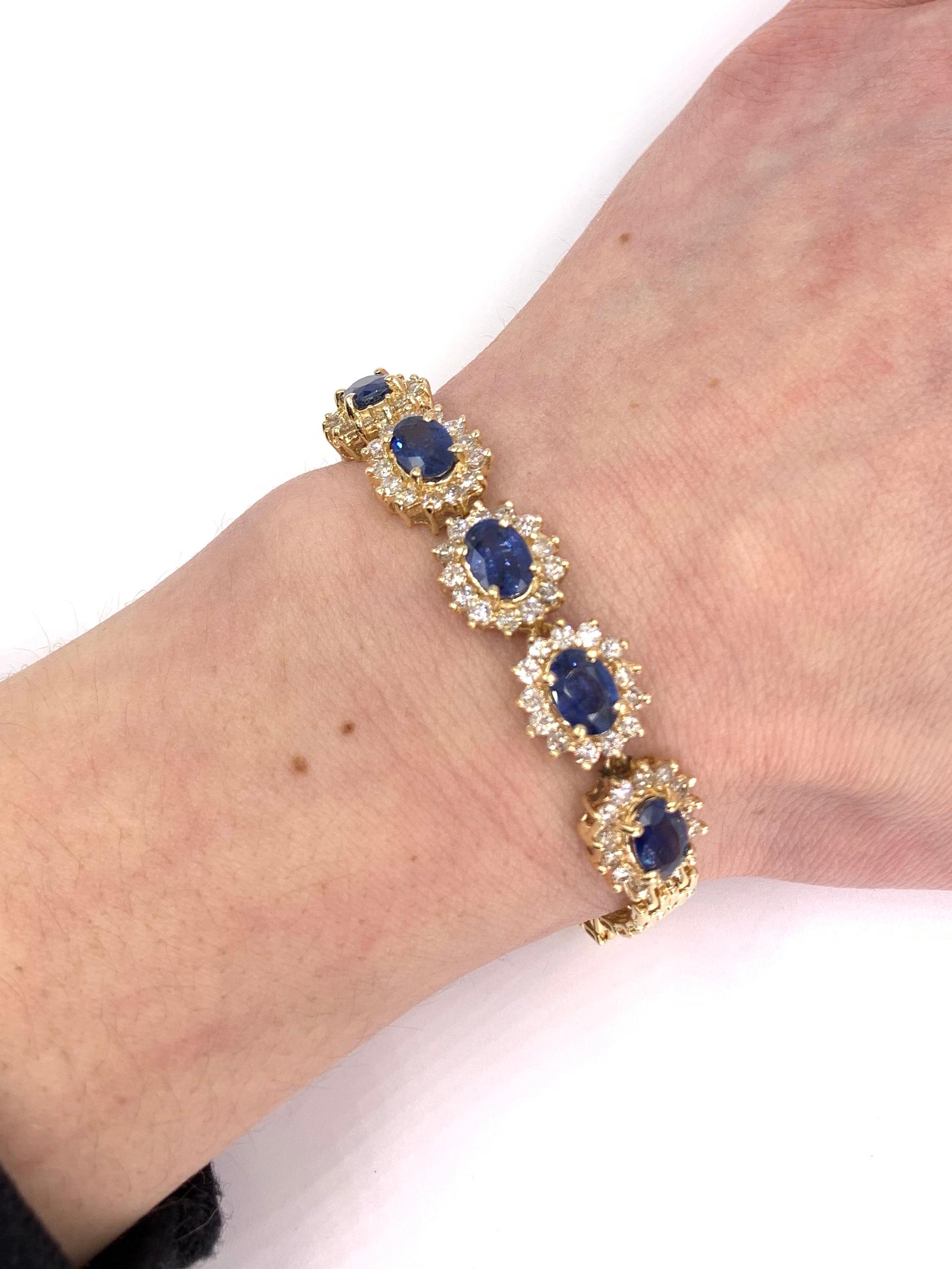 Yellow Gold Oval Blue Sapphire and Diamond Bracelet For Sale 2