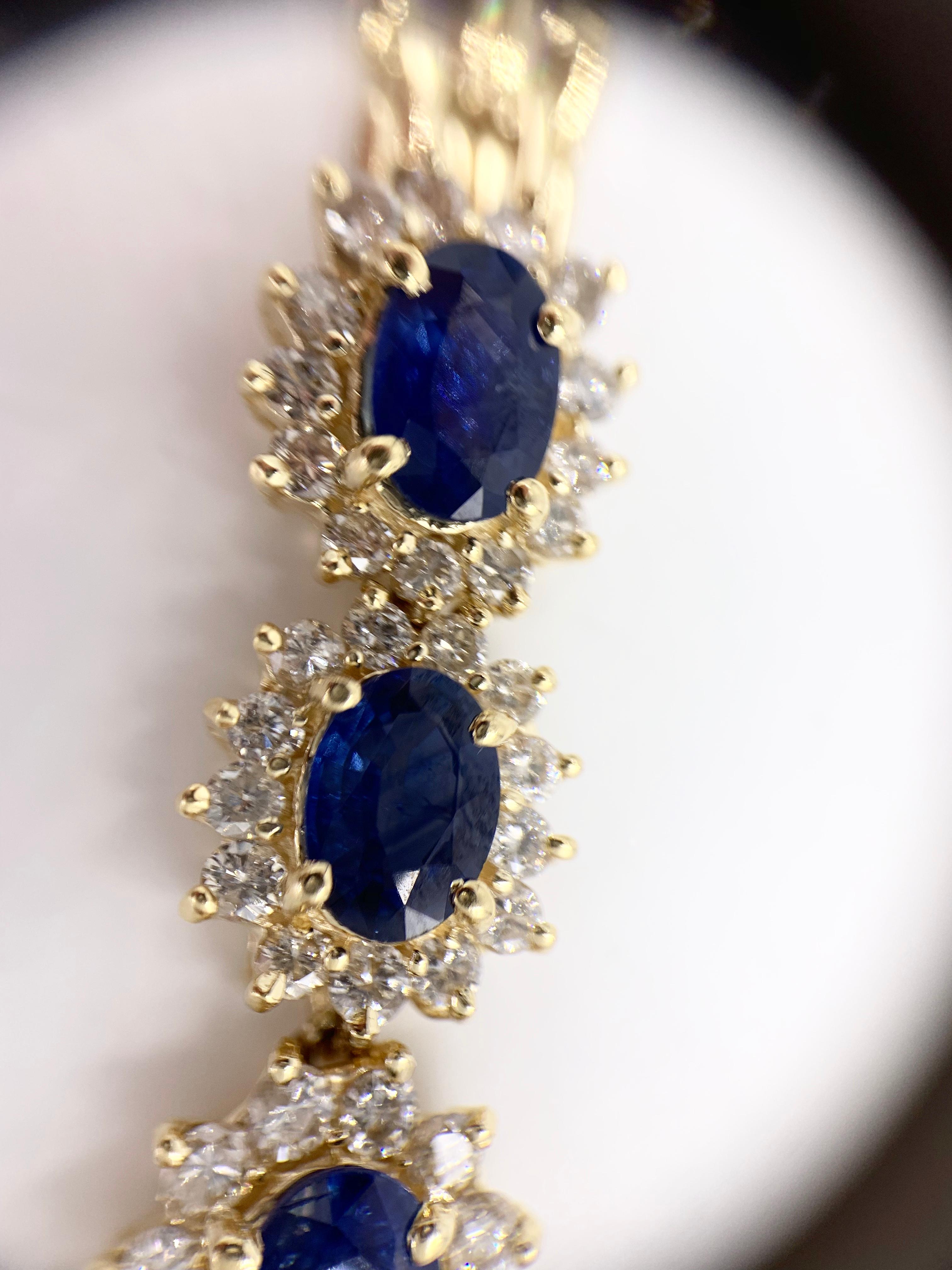 Yellow Gold Oval Blue Sapphire and Diamond Bracelet For Sale 3