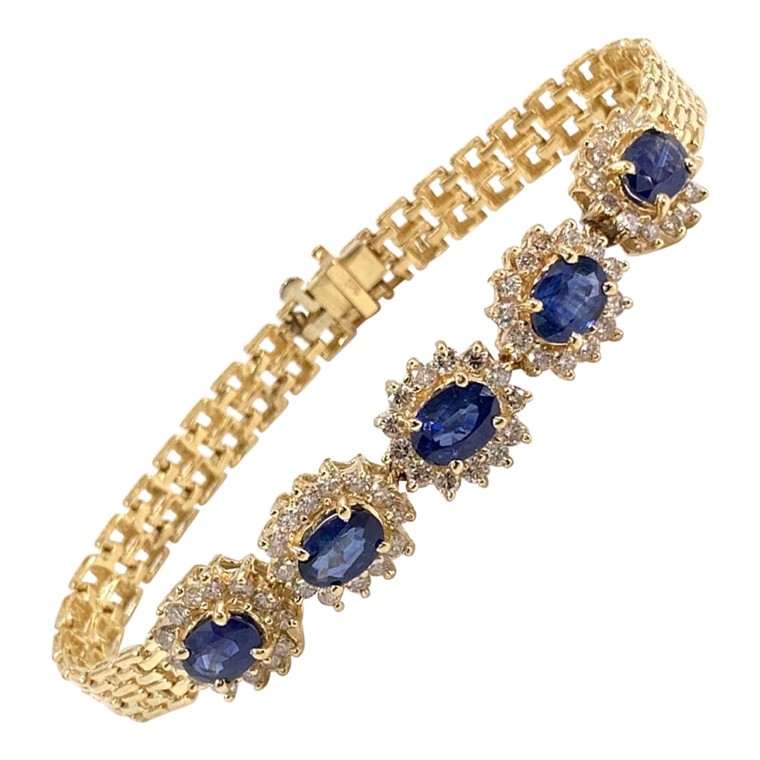 Yellow Gold Oval Blue Sapphire and Diamond Bracelet For Sale