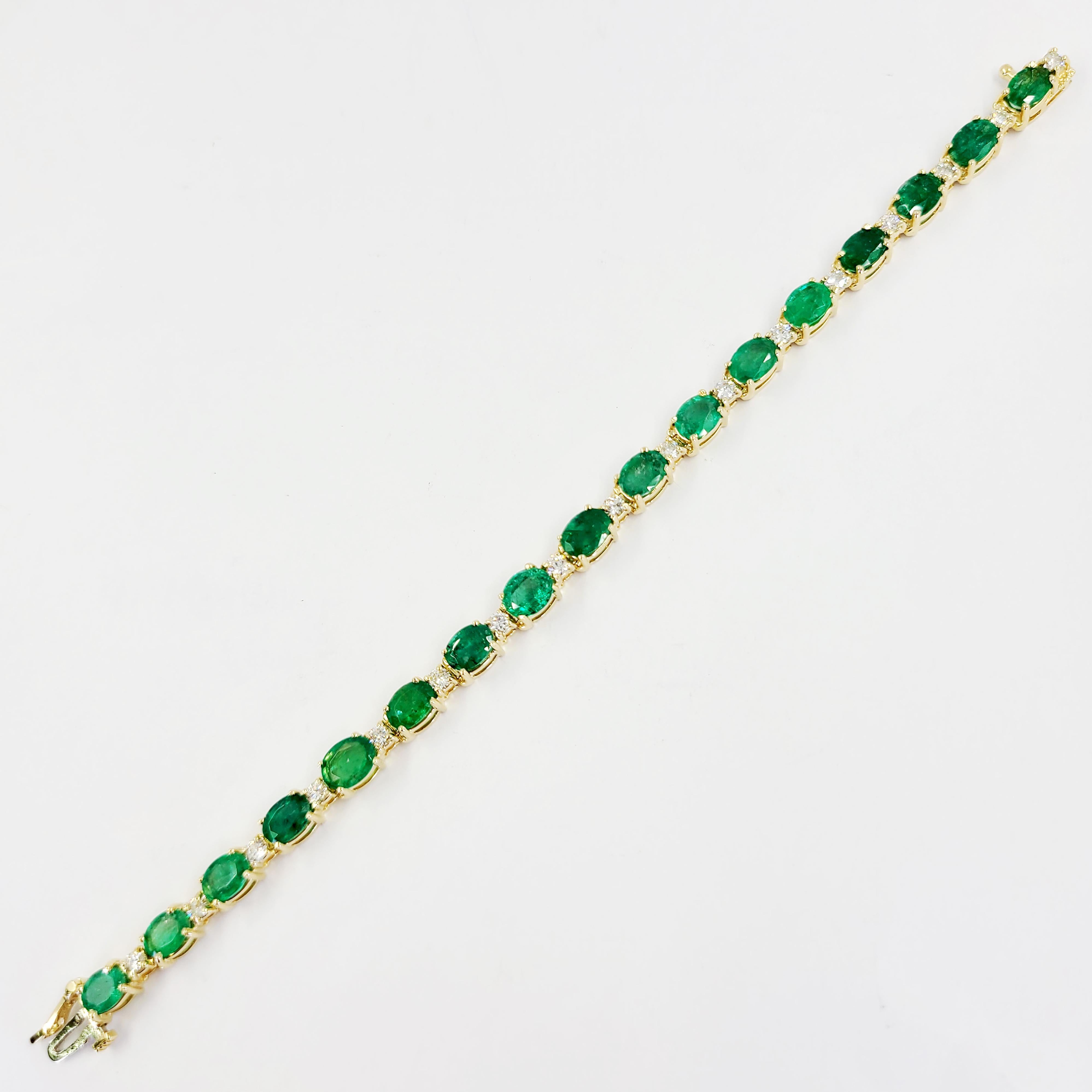 Oval Cut Yellow Gold Oval Emerald and Diamond Line Bracelet For Sale
