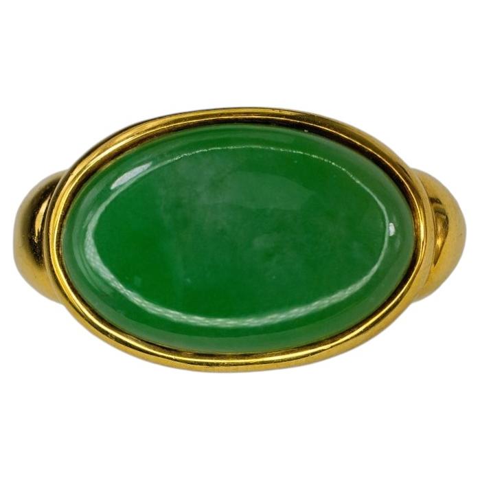 Yellow Gold Oval Green Bezel Solitaire Jade Cabochon Ring For Sale