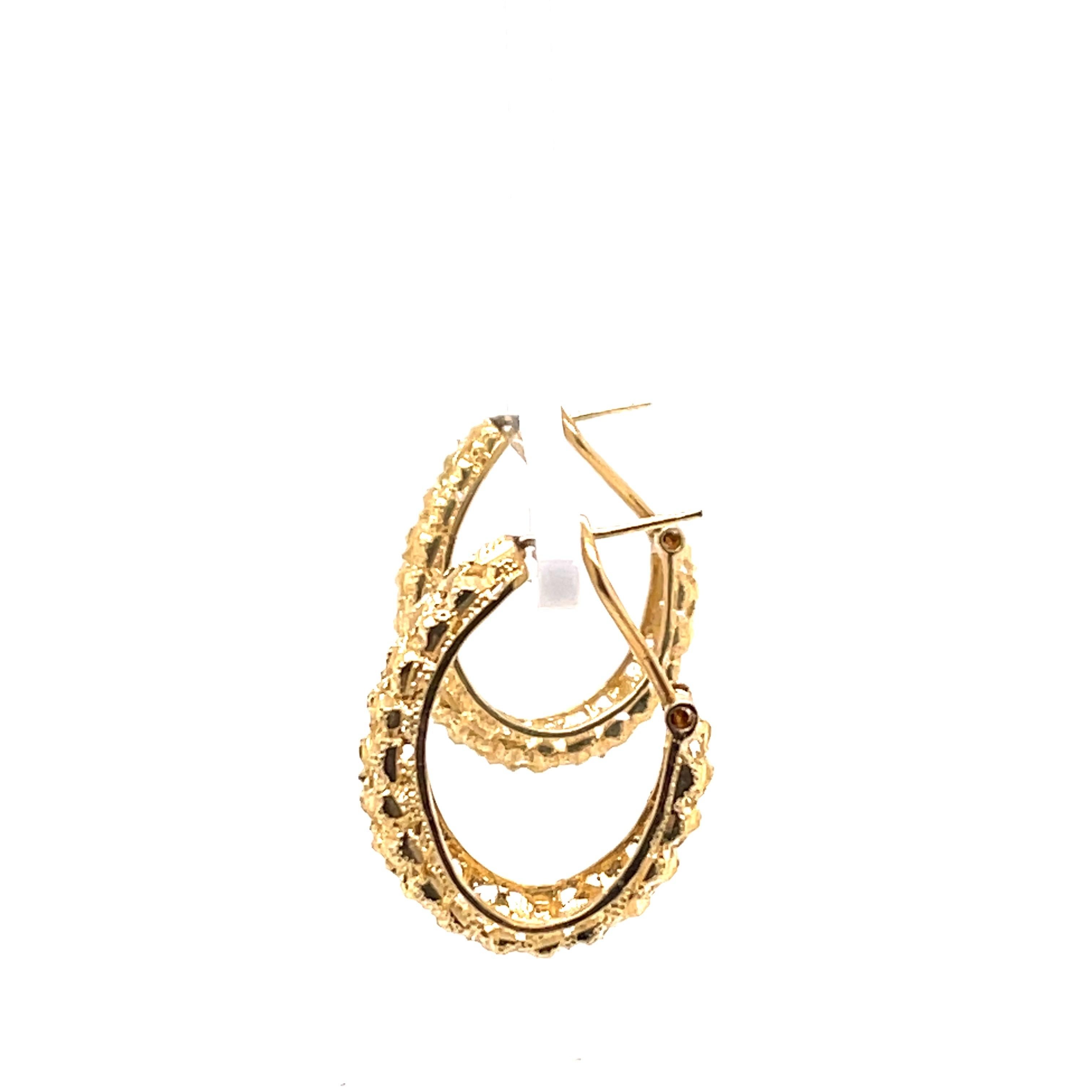 Contemporary Yellow Gold Oval Hoop Vintage Textured Earring For Sale
