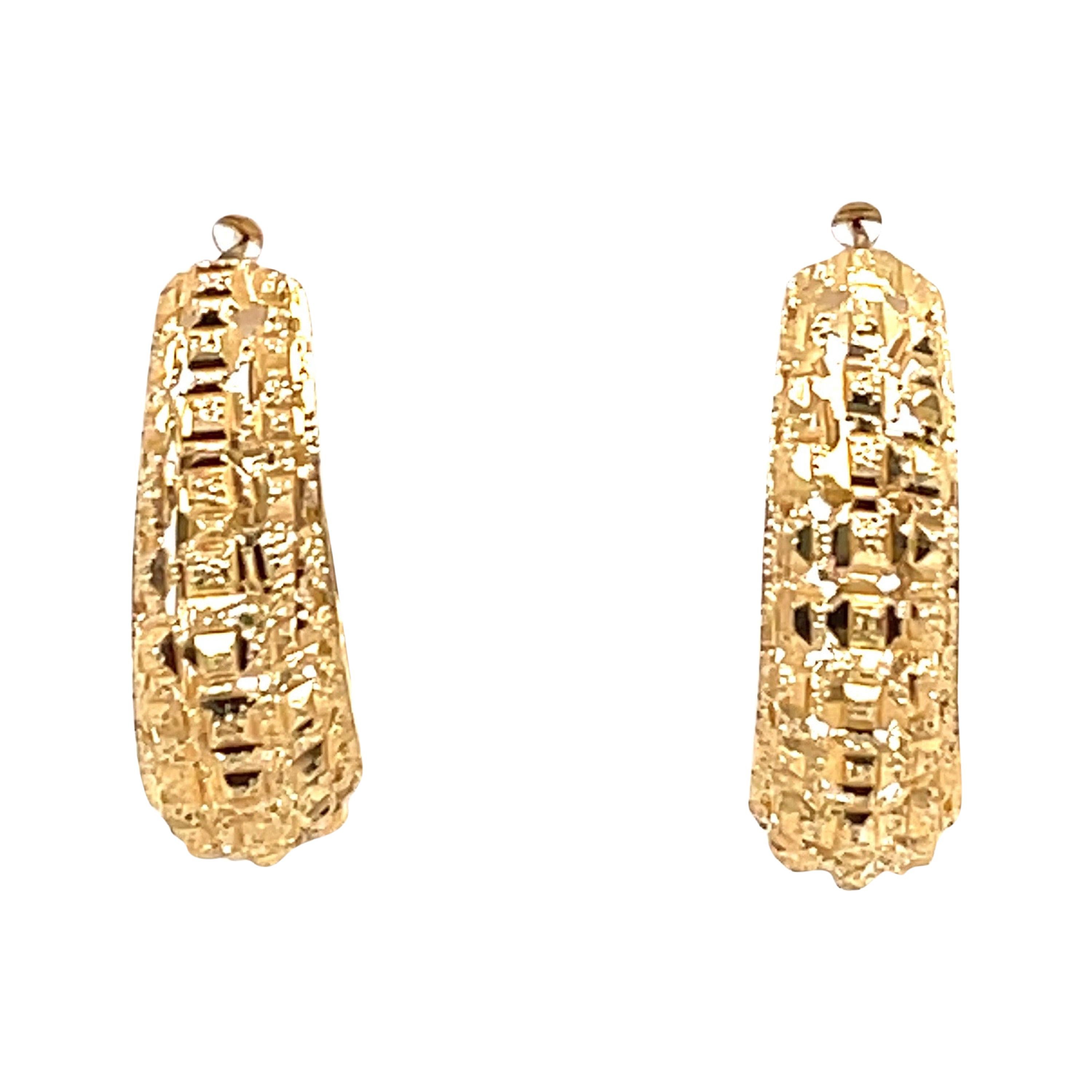 Yellow Gold Oval Hoop Vintage Textured Earring For Sale
