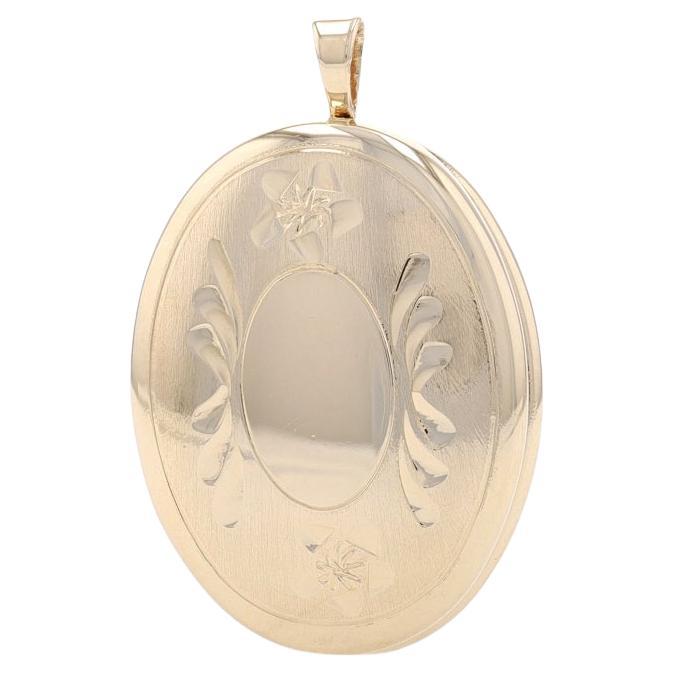 Yellow Gold Oval Locket Pendant - 14k Flowers Two Photo Frames