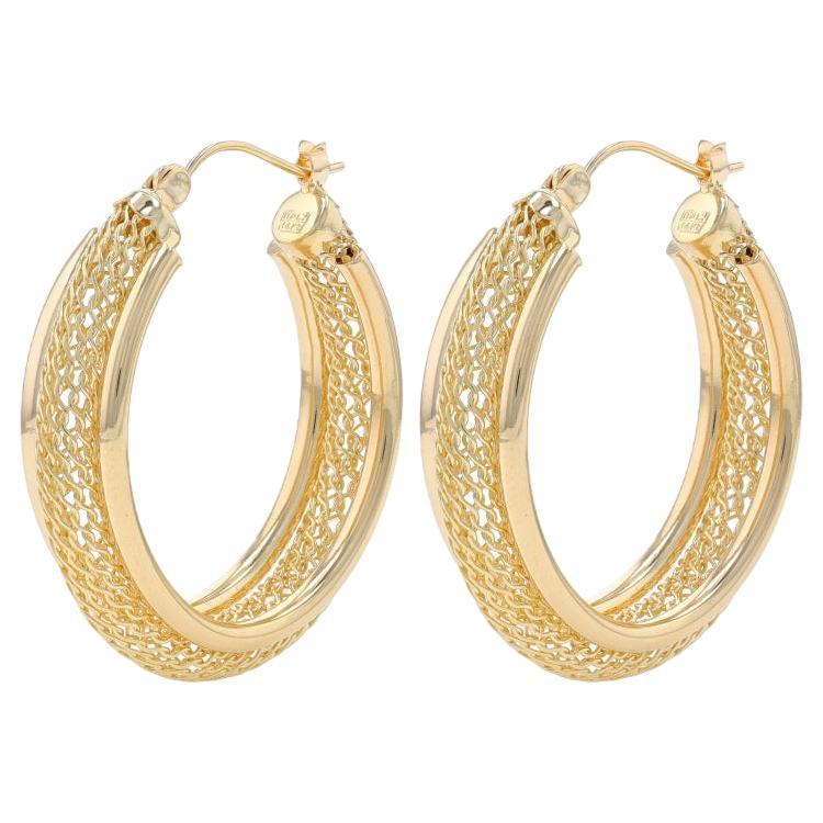 Yellow Gold Oval Mesh Hoop Earrings - 14k Italy Pierced For Sale