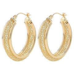Yellow Gold Oval Mesh Hoop Earrings - 14k Italy Pierced