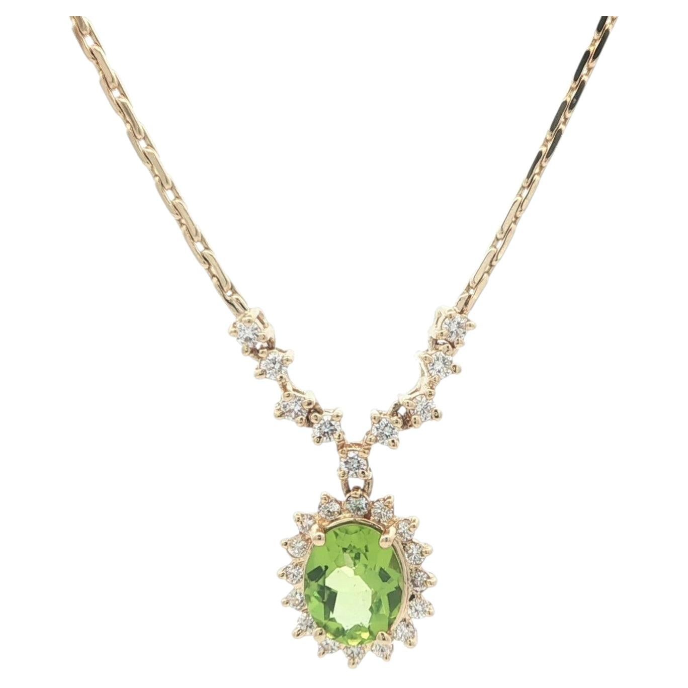 Yellow Gold Oval Peridot w/ Diamond Drop Pendant Fancy Cable Link Necklace